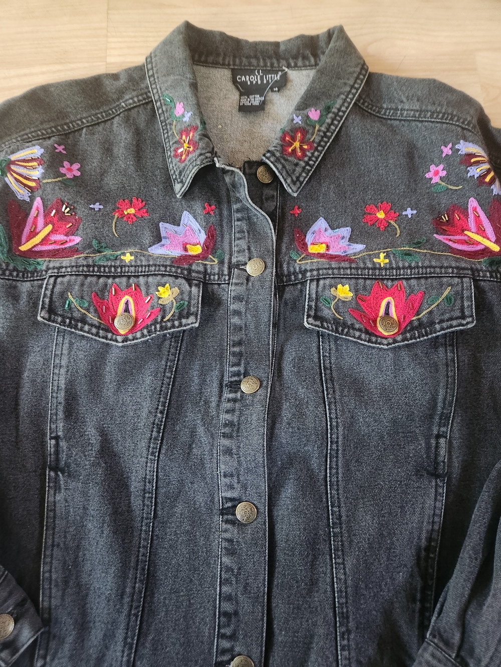 Carole Little Embroidered Black Denim Jacket - Floral Detail Size14